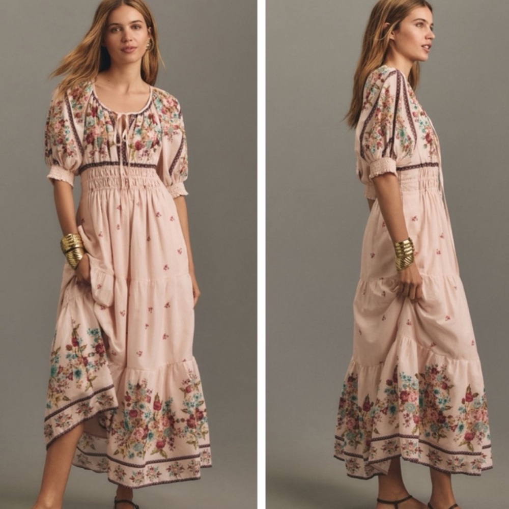 NWT Anthropologie Somerset Puff-Sleeve Maxi Dress Pink Floral Size Small S